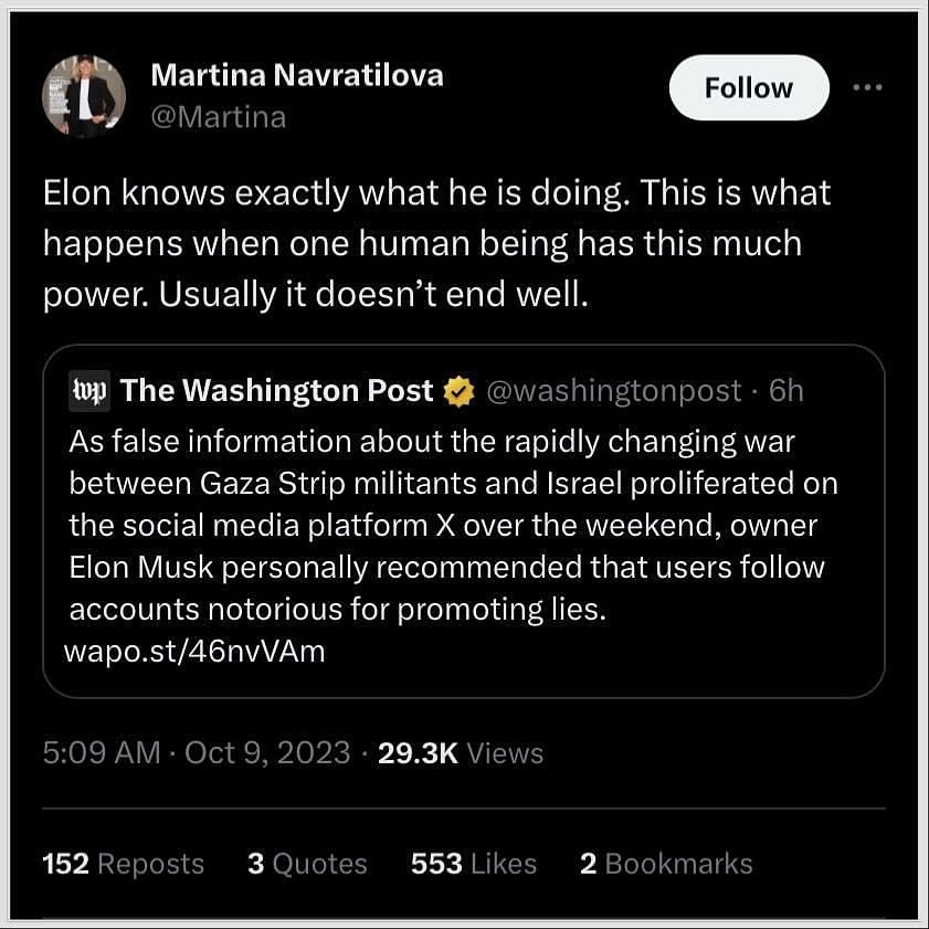 Screenshots of Martina Navratilova's post on X (formerly Twitter).